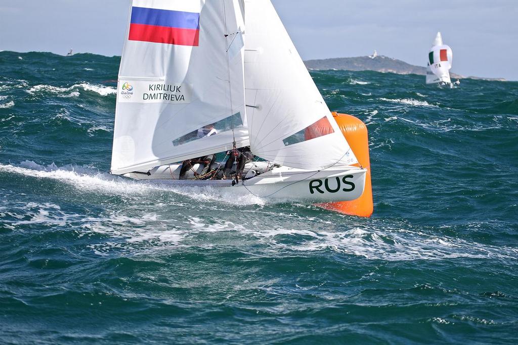 Russian Womens 470 crew round leeward gate in Race 3 -not even halfway down the face of the Atlantic roller © Richard Gladwell www.photosport.co.nz